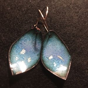Blue/green enameled earrings with silver foil.